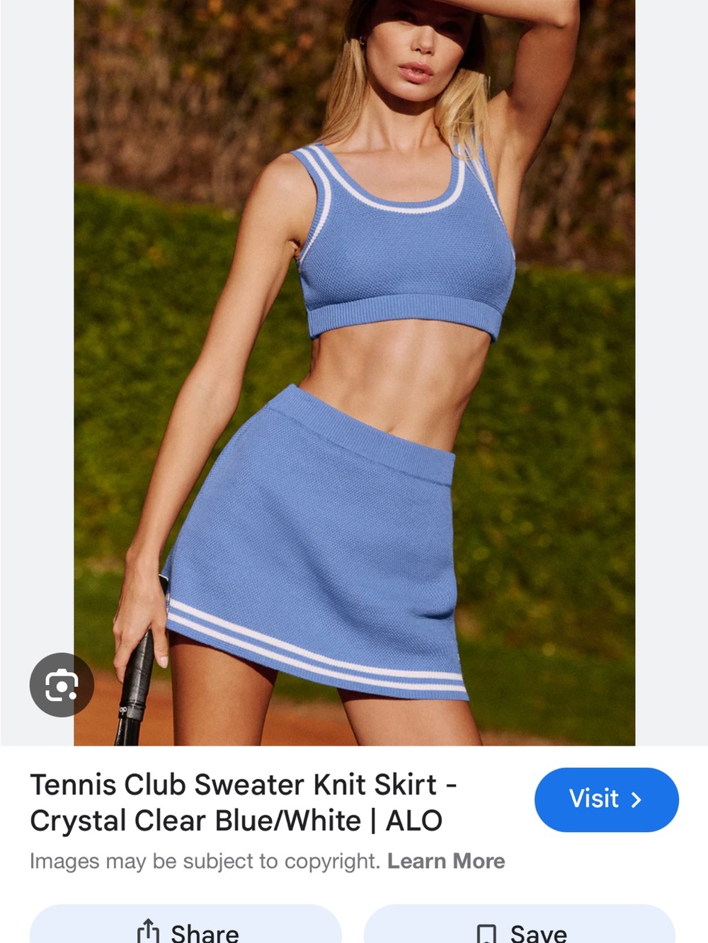 ALO Yoga Tennis Club Sweater Knit Skirt in Crystal Clear Blue/White/Sm